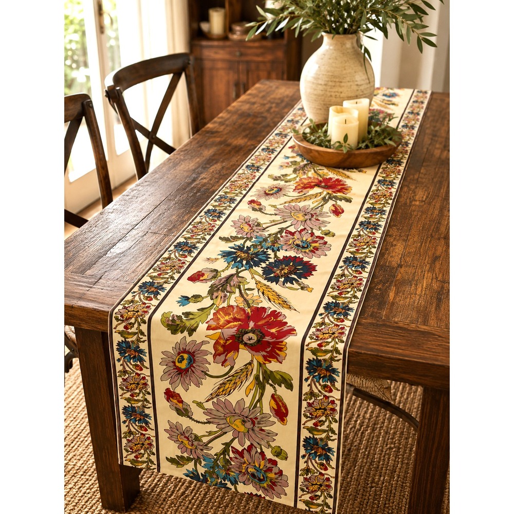 April Cornell Wildflower Table Runner Cotton Multi 18x108" Fall Border Print NWT